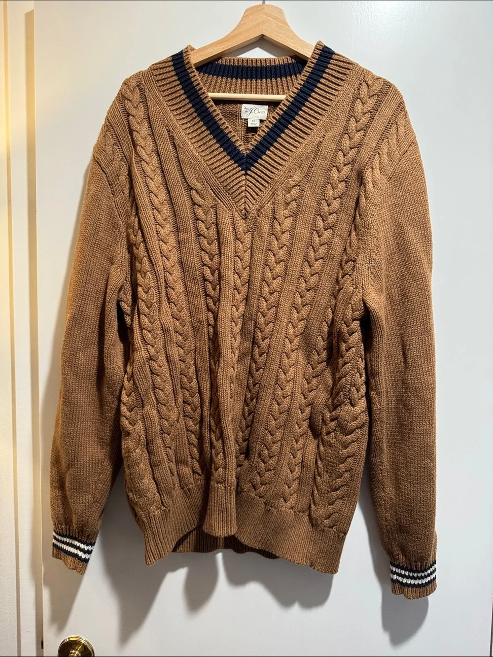 J. Crew Camel Cable Knit V-Neck Sweater with Navy Trim